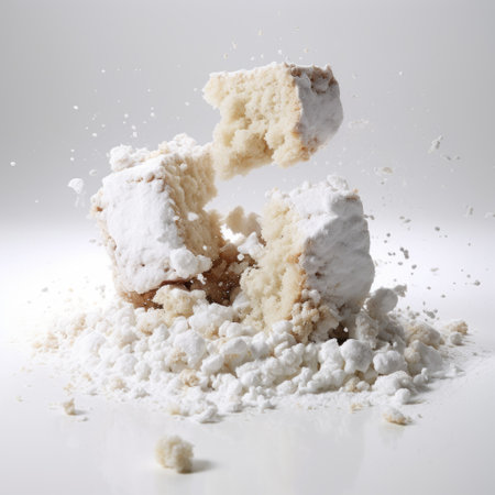 a broken piece of cake is captured in this high-quality photo by matthias haker. the monochromatic white figures and dusty piles create a unique visual style. developed using caffenol, the image has a vintage feel. this associated press photo showcases haker's talent for capturing intriguing compositions with high-speed sync. ai generatedの素材