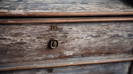 a close-up photo of a distressed and weathered wooden box with a humble charm. the box showcases a biedermeier style, featuring gray and bronze tones in its danish design. the soft-focus technique enhances the details of the box, making it a visually appealing subject. this high-resolution 32k uhd image captures the unique beauty of this vintage-inspired piece. ai generatedの素材