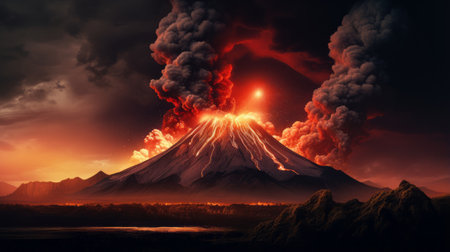 the volcano stands tall in the background, showcasing its vibrant red and black colors. this stunning artwork combines elements of realism and fantasy, with a precisionist touch. shot in 8k resolution on 70mm film, the image captures the essence of kuromicore and weirdcore aesthetics, resulting in a highly realistic and captivating composition. ai generatedの素材