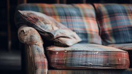 the old couch, in good condition but with wear marks, is captured in a photo with a selective focus. the fauvist color scheme adds vibrancy to the image, while rusty debris adds a touch of nostalgia. taken with a nikon d750, the photo showcases mismatched patterns in a soft pastel palette, reminiscent of the glasgow style. ai generatedの素材