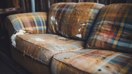 rusty debris-inspired couch in need of repair or replacement. this densely patterned piece features a soft-focus effect, showcasing a mix of muted earth tones, dark yellow, and blue hues. the overall aesthetic is characterized by its use of earthy colors and muted tonalities. ai generatedの素材