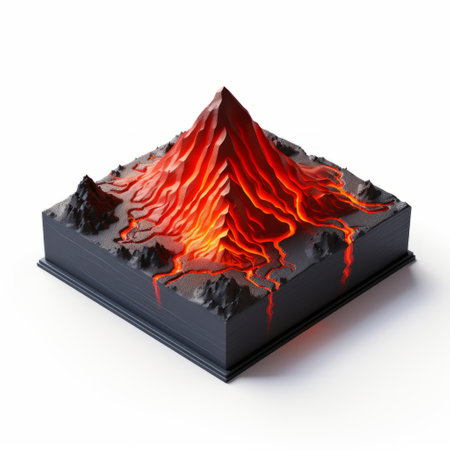 a photo of a stunning earth volcano captured in a psd mockup, showcasing intricate details and realistic textures. the volcano is depicted in the style of miniature sculptures, with mythological symbolism and a color palette of light black and crimson. the image also features book sculptures, angular shapes, and a hard-edge painting technique, adding a unique artistic touch. ai generatedの素材