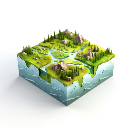 a green forest terrain 3d model with a river and pond is depicted in this isolated vector illustration. the style of puzzle-like elements adds an intriguing touch to the image. this national geographic photo showcases detailed character design by atey ghailan. it is a creative commons attribution and also features an archaeological object amidst the mountainous vistas. ai generatedの素材