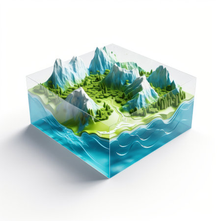 a plastic mountain landscape, 3d rendered on a white background, showcases a unique fusion of water and land. this image resembles three-dimensional puzzles with a flat perspective, reminiscent of national geographic photos. the weathercore theme is evident, with limited shading and transparent layers adding depth to the composition. ai generatedの素材
