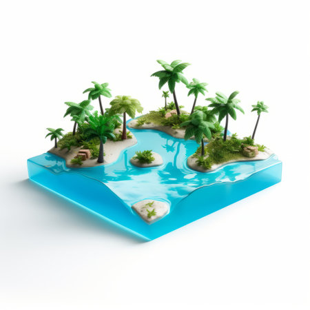 island of palm trees in the sea, isolated and resembling miniature sculptures. this interactive artwork features clear edge definition and floating structures. with its poolcore aesthetic, the layered imagery creates lively tableaus. ai generatedの素材