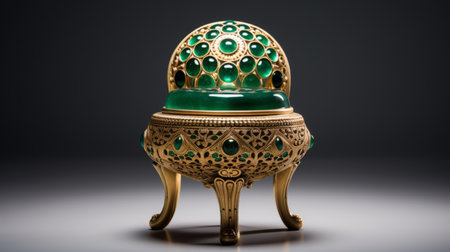 small golden metal carved chair with ceramic body, emerald inlays, round shape, realistic texture, ultra clear image quality, and exquisite craftsmanship. ai generatedの素材
