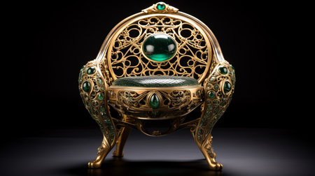 a stunning green-colored egg chair in gold, inspired by the intricate style of fine art nouveau. this unique piece draws inspiration from divinatory objects, talismans, and amulets, showcasing a captivating gaze. crafted with meticulous attention to detail, it features a steinheil quinon 55mm f19 lens, adding a touch of medieval art charm. the combination of light gold and dark emerald creates a mesmerizing aesthetic. aiの素材
