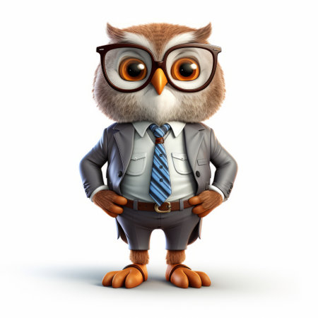 a cartoon owl in a suit, created in the style of vray tracing, showcases hyperrealistic illustrations by object portraiture specialist arthur sarnoff. this detailed character illustration incorporates foreshortening techniques, highlighting the owl's expressive pose. the image reflects the intersection of engineering, construction, and design in a whimsical and visually captivating manner. ai generatedの素材