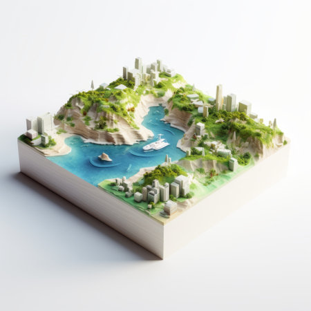 a book with a detailed model showcasing a mesmerizing isometric world. the model features a beautifully crafted tree and ocean, blending modern urban elements with crystalline and geological forms. the tilt shift effect and letterboxing add a unique touch to this captivating illustration, perfect for lovers of intricate world-building. ai generatedの素材