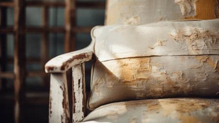 an old wooden chair with a leather pillow and brown leather cushion is featured in this close-up photo. the shabby chic bedroom setting showcases impressionistic brush strokes in light gray and light gold, mimicking the appearance of ruined materials. the color palette includes light indigo and beige, adding a touch of elegance reminiscent of biedermeier style. luxurious fabrics complete the overall aesthetic. ai generatedの素材