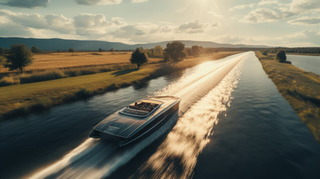 a small motor yacht gracefully glides through an empty road, capturing the essence of cinematic elegance. the photograph showcases a stunning blend of dark indigo and light bronze tones, creating a visually captivating scene. with meticulous attention to detail, the voigtlander bessa r2m lens beautifully captures the flowing lines of the yacht, while the hyper-realistic water adds depth to the french countryside backdrop. ai generatedの素材