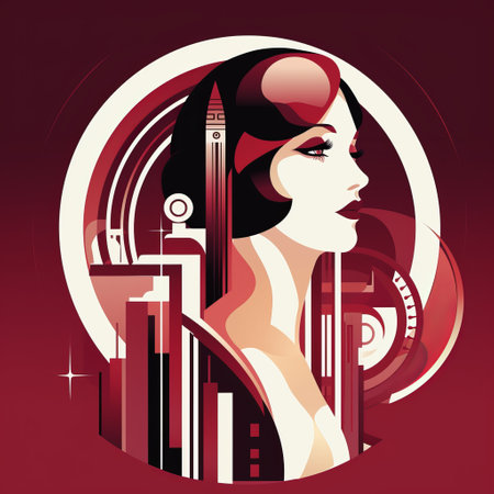 art deco woman wearing a top hat stands out in a dynamic cityscape. the retro-futuristic propaganda style combines dark crimson and white, creating a striking contrast. the technological design elements are evident in the smooth and shiny surfaces. the woman's elegant and emotive face is complemented by intricate illustrations. ai generatedの素材
