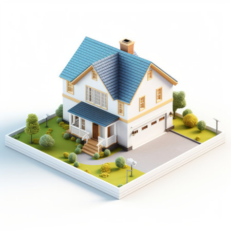 3d house with garage on white background featuring a tilt-shift style. the house is adorned with a roof and incorporates primitivist and puzzle-like elements. the image showcases detailed shading and realistic still lifes with dramatic lighting. additionally, the scene includes tranquil gardenscapes in light indigo and yellow hues. ai generatedの素材