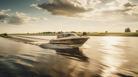 a boat glides through the water at sunset, showcasing a captivating scene. the image captures the essence of dutch and flemish art with its precisionist lines and dynamic outdoor setting. the color palette of light navy and dark beige adds a touch of elegance. the chrome-plated boat reflects the radiant clusters of light, while the kinetic lines and curves create a sense of movement. aiの素材