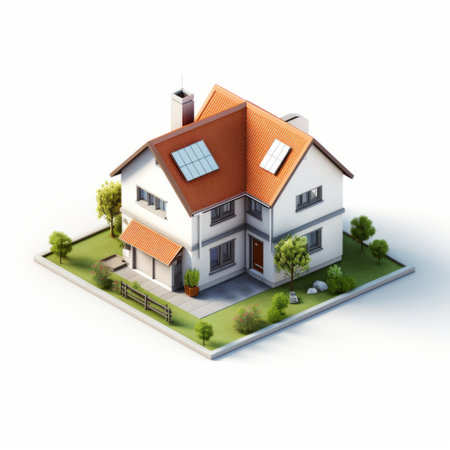 3d house with a green roof, featuring highly detailed illustrations in a dark white and orange color scheme. the solarization effect and tilt shift technique enhance the realistic and hyper-detailed renderings. the house is showcased in a tagging and marking style, highlighting its intricate details in the illustrations. ai generatedの素材