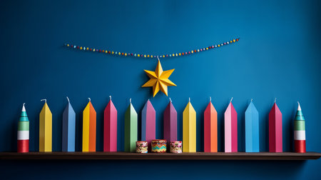 colorful paper mexican national flag and banner decorations for chanukah elements. the background is perfect for creating cards, weddings, or party themes. the style of intricate woodwork adds a minimalist still life touch to the photo. inspired by folklore, this lively tableau captures the essence of chanukah celebrations. the subtle yet vibrant colors make it a stunning piece of transavanguardia color photography. ai generatedの素材