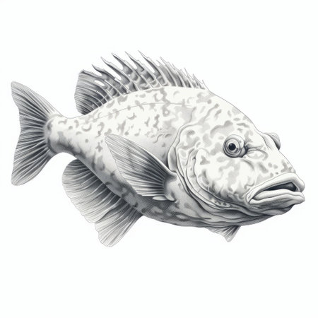 a black and white drawing of a fish, created in the style of realistic sculptures by arthur sarnoff. this hyper-realistic animal illustration, reminiscent of david finch's work, showcases intricate details and textures. the use of dark white and light silver tones adds depth and dimension to the image. shot with a pentax 645n camera. ai generatedの素材