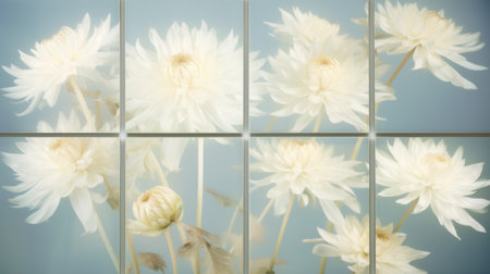 six white flowers are beautifully arranged on a captivating blue background, creating a visually stunning composition. this photograph showcases the artist's unique style of narrative diptychs, reminiscent of windows vista's aesthetic. the installation captures the essence of figurative art with a dreamy quality, enhanced by the glazed surfaces. the delicate combination of light gold and light cyan hues adds a touch of elegance, reminiscent ofの素材