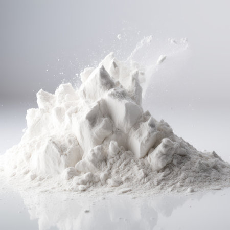 white powder scattered over a black background, creating a striking image for health and nutrition concepts. this unique photograph combines elements of tilt shift, brutalism, contemporary scandinavian art, and kitchen still life. the high-resolution uhd image showcases the soft sculpture-like texture of the powder, adding a touch of poetcore aesthetic to the composition. ai generatedの素材