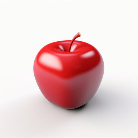 a 3d model of a red apple is showcased on a white background, featuring a subtle play of light and shadow. this composition draws inspiration from the precisionism movement and the works of worthington whittredge. the use of precious materials creates a captivating blend of light violet and light red hues, while the attention to detail adds a realistic touch to the overall design. aiの素材
