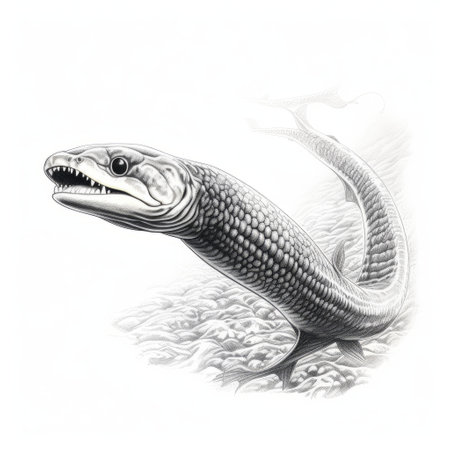 a digitally enhanced, realistic and detailed rendering of a predatory arthropod from the tysothelidae family. this arthropod, resembling a cobra, showcases a strong facial expression. the style of the artwork is reminiscent of hugh ferriss, while also drawing inspiration from the work of zeng chuangxing. a captivating depiction that pays homage to the fascinating world of mary anning's discoveries. ai generatedの素材