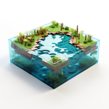 a box landscape 3d illustration featuring a fusion of water and land, showcasing nature-based patterns. this design incorporates elements of poolcore and modular construction, with clean and simple designs and clear edge definition. mark arian's artistic touch is evident in this visually stunning piece. ai generatedの素材