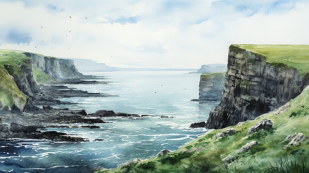 a digital painting depicting a vibrant coastal landscape with cliffs in the background. the artwork showcases a blue body of water, reminiscent of traditional british landscapes, with a touch of watercolor illustration. the use of a 35mm lens adds depth to the scene, while the combination of light green and dark gray hues creates a lively atmosphere. ai generatedの素材