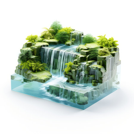 3d waterfall illustration photo featuring eco-friendly craftsmanship and neo-geo style. the image showcases nature-inspired shapes and japanese-inspired imagery against a white background. this stunning photo captures the beauty of a waterfall in a unique and mesmerizing way. ai generatedの素材