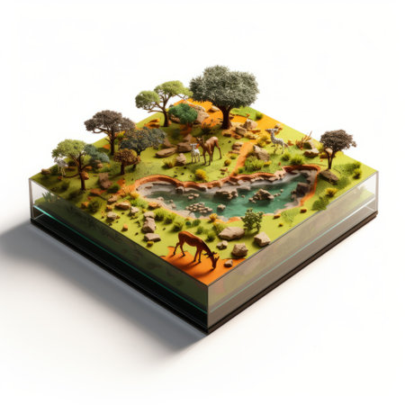a 3d rendering of a savannah 3d model showcasing a multicolored landscape. this unique artwork resembles book sculptures and is created in an isometric style. the tender depiction of nature is enhanced by the use of a lightbox, highlighting the isolated figures within the saturated pigment pools. ai generatedの素材