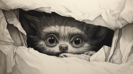 a puppy, in a hyperrealistic style, is depicted peeking out of a paper bag in this pencil drawing. the darkly romantic illustration is done on a large-scale canvas using gouache and trace monotone techniques. the puppy's shiny eyes add a captivating touch to this national geographic-worthy photo. ai generatedの素材