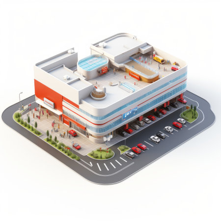 a shopping mall is depicted in this photo, showcasing a detailed architecture with a crisp and clean look. the image features a car parking area filled with various vehicles. the style of the mall is characterized by silver and orange hues, creating a photorealistic representation. the ceramic materials used in its construction add to its aesthetic appeal. additionally, light red and light blue accents canの素材