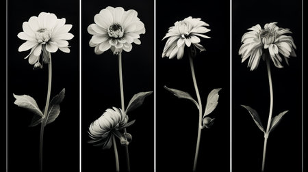 black and white photo: a collection of 5 black and white images featuring flowers in the style of dan witz. these multi-panel compositions capture the beauty of the flowers with naturalistic shadows. taken with a helios 44-2 58mm f2 lens by debbie criswell, a pioneer in color photography, the photos have a timeless quality. ai generatedの素材