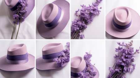four snapshots of hats adorned with delicate purple flowers, reminiscent of monochromatic masterpieces. these soft and airy compositions, captured through stereoscopic photography, showcase the subtle pastel hues and painterly details. each hat exhibits exquisite craftsmanship, embodying the essence of bloomcore. ai generatedの素材
