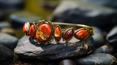black stone bracelet set on rocks, showcasing the art nouveau curves and ornamental details. the red and amber style adds a touch of elegance to the dark orange and light gold hues. captured with a nikon d750, the photo by peter mitchev highlights the blurry details, creating a mesmerizing composition. ai generatedの素材