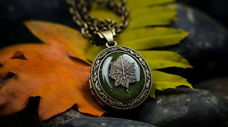 a green leaf of a tree pendant hangs gracefully on black rocks, reminiscent of classical historical genre scenes. captured through a soviet lens, the image showcases a blend of dark gold and light brown tones. the traditional craftsmanship is evident in the layered images, which are softened by a gentle, romantic gothic touch. ai generatedの素材