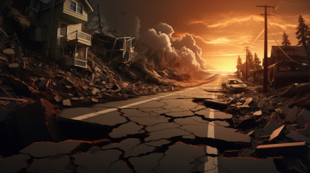 the town experiences a devastating earthquake captured in a stunning photorealistic art style. this uhd image showcases realistic seascapes with dark orange and white hues, complemented by richly colored skies. the hyperrealistic illustrations depict the town's horizons amidst the chaos of the earthquake. ai generatedの素材