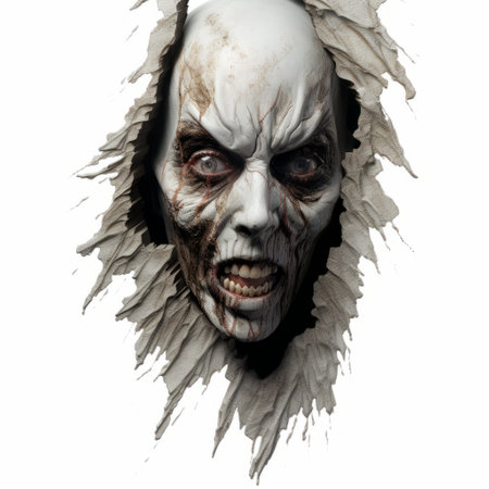 a photorealistic rendering of a zombie head made from paper, forming a circle. the intricate details of the plaster, costumes, and gothcore style are evident, with frayed edges adding to the overall effect. the extreme angle of the shot enhances the dark, white, and beige color scheme. ai generatedの素材