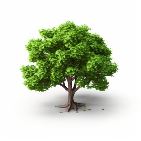 a tree isolated on a white background is depicted in this 3d illustration. the artwork showcases nature-inspired shapes with a touch of xbox 360 graphics, tilt shift effects, and storybook illustration style. the image highlights the innovative techniques used by the minimalist illustrator to create realistic still-lifes. ai generatedの素材