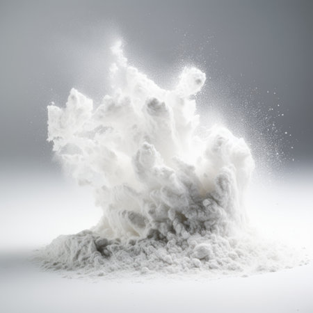 a powder explosion captured in a high-quality stock photo on a white background. this visually striking image showcases a powdery substance in a dynamic and action-packed scene. rendered in the style of unreal engine, the photo features minimalist staging and a still life focus. it is perfect for ephemeral installations or as bold, large-scale canvases. ai generatedの素材