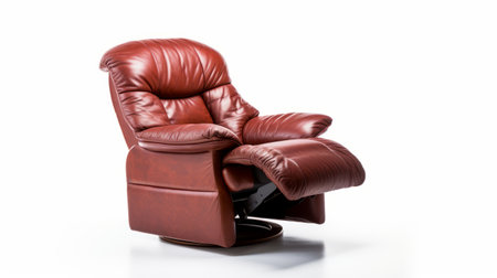 a realistic still life photo featuring two recliners with unique features. one recliner showcases a power recline function, while the other includes a footrest for use on a flat surface. the photo is captured with a nikon d750, highlighting the dramatic lighting in red and brown tones. both recliners are made of leatherhide, offering a densely textured and haptic surface. ai generatedの素材