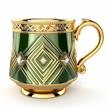 diamond pattern enamel and gold mug featuring ornate green decorations. this mug showcases a realistic and detailed rendering, with richly layered enamel work and a white background. captured with the tokina opera 50mm f14 ff lens, the attention to detail is truly remarkable. ai generatedの素材