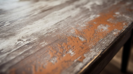 an old wood table with scratches and rust, featuring a dark orange and white color scheme. the table showcases hand-painted details, highlighting the craftsmanship and eco-friendly approach. the materials used create a hard edge painter effect, with a combination of dark beige and bronze tones. the photo has a selective focus, drawing attention to the table's unique characteristics. ai generatedの素材