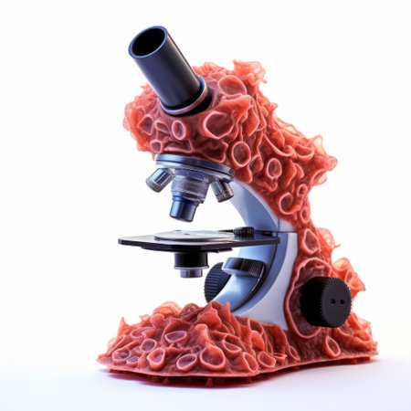 a 3d model of a microscope in a vibrant red and green color scheme, inspired by the unique style of death burger. the organic texture and caffenol developing technique add depth to the design. with a combination of orange and navy hues, this model pays homage to irving penn's artistic vision. the intricate cellular formations and realistic attention to detail make this microscope a visuallyの素材