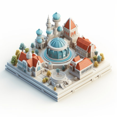 a 3d isometric image showcases a city with a tower and a house, designed in a unique blend of baroque and sci-fi styles. the city features a mesmerizing combination of marble, light orange, and light blue colors. the structures are characterized by rounded shapes and intricate ornate details, reminiscent of reimagined religious art. created by the talented artist atey ghailan. ai generatedの素材
