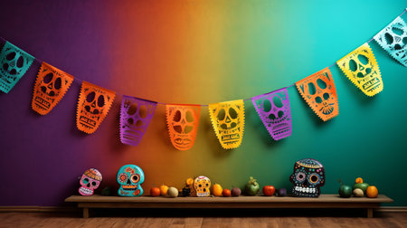 colorful fall decorations featuring handmade paper and plastic hula hoop banners are showcased against a dark background. the vibrant color gradients and skull motifs, inspired by mexican and american cultures, create a striking visual contrast. this kitchen still life, captured with a nikon d750, exhibits bold shadows and a harmonious blend of light orange and light emerald hues. ai generatedの素材