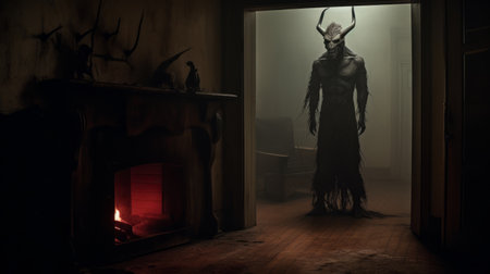 a dark and brooding designer has created a detailed character design for the horror film msxiv. the film, rendered in unreal engine, features whimsical yet eerie animal symbolism and is set in a misty atmosphere. the matte photo showcases the intricate bentwood elements, adding to the overall haunting aesthetic. ai generatedの素材