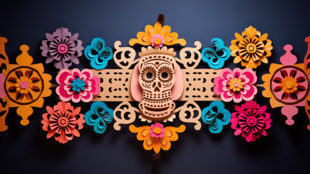 colorful paper mexican emblem and banner decorations are featured in this graduation elements photo. the intricate woodwork style creates a minimalist still life background, perfect for cards, weddings, or parties. the vibrant colors and folklore-inspired design add a lively touch to the tableaus, creating a subtle yet captivating transavanguardia aesthetic. ai generatedの素材