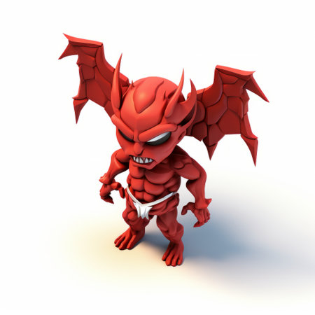 a red demon, depicted in a cartoonish chaos style, stands upright on a white background. the image showcases vray tracing techniques, with attention given to playing with light and shadow. the composition is isometric, and the image is available under a creative commons attribution license. the artwork also incorporates elements of hurufiyya. ai generatedの素材