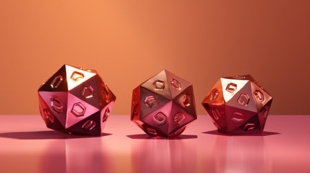 a 3d polygonal metal game dice in red, blue, and copper colors. the dice features a unique design with a blend of organic and geometric shapes, reminiscent of light orange and pink hues. created using daz3d software, this minimalist still life showcases spherical sculptures in abstract non-representational forms, with a touch of dark pink and light gold tones. ai generatedの素材