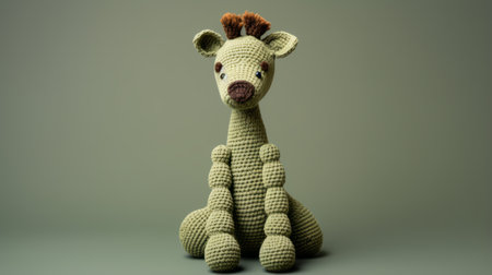 a crocheted giraffe's head, with detailed character design, is seen resting on a table. the head features a combination of light green and dark beige colors, giving it an organic and natural appearance. the low resolution adds a unique touch to the overall design. the giraffe's head has toy-like proportions and showcases intricate organic formations and patterns. the image is presented in a tondo format.の素材